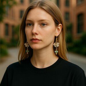 Multi white flower pearl dangle earring with aqua facet stones